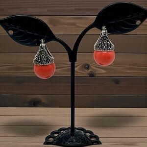 Sterling Silver and Marcasite Orange Glass Bead Pierced Earrings
